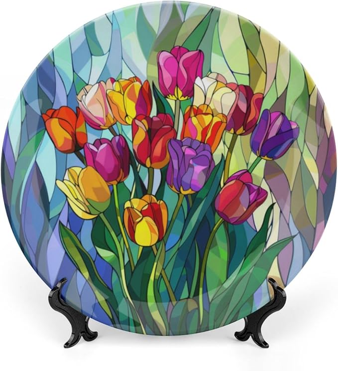 Stained Glass Theme Decorative Ceramic Plate Round Porcelain Plate,8 inch,Tulip Pattern,for Decorative Ornaments Giving Plates, 1 Plate with 1 Display Stand,Multicolor