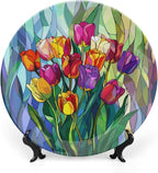 Stained Glass Theme Decorative Ceramic Plate Round Porcelain Plate,10 inch,Tulip Pattern,for Decorative Ornaments Giving Plates, 1 Plate with 1 Display Stand,Multicolor