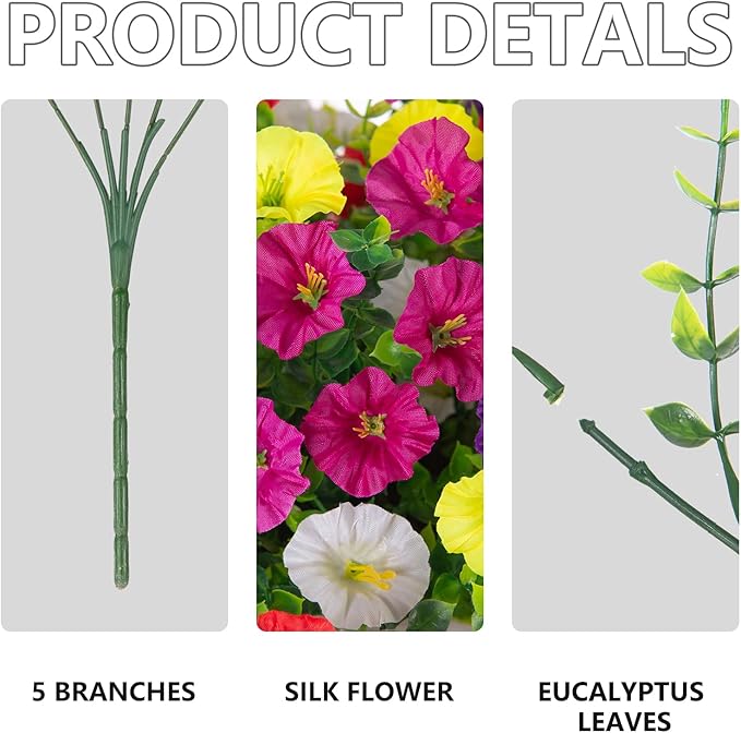 Fake Artificial Hanging Flowers for Outdoor, 8 PCS Silk Morning Glory Faux Flowers with Eucalyptus Leaves,Realistic Hanging Plants for Wedding Home Office Garden Decor