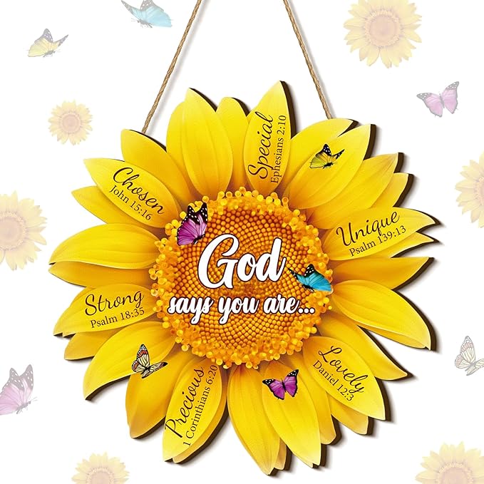 Panelee Christain Sunflower Wooden Hanging Decor for Kitchen Door 11.8 Inch Bible Verse Sunflower Shape Welcome Sign for Wall Front Door Room Home Decor Christian Gift for Family Friends