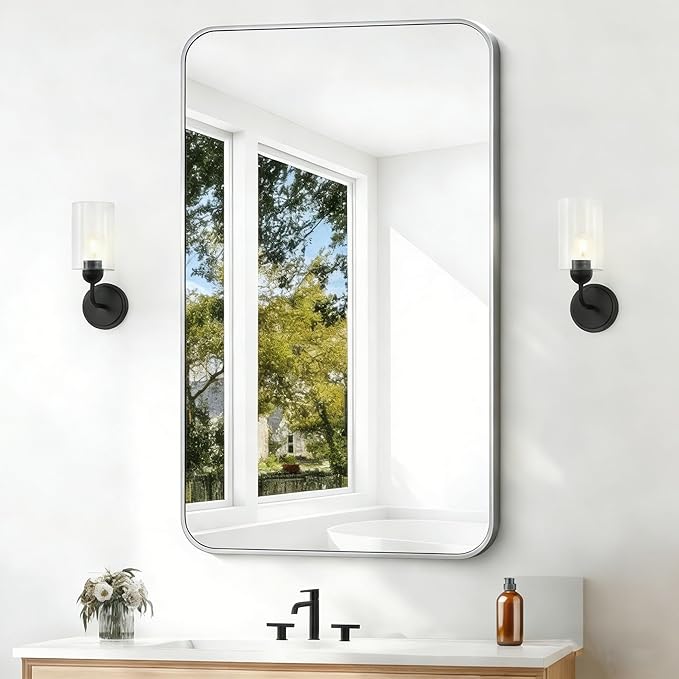 BONEWEI Silver Bathroom Mirror,24x40 inch Wall Mirror for Bathroom Wall Mounted,Rectangle Mirror for Bathroom Over Sink,Modern Frame Round Corner for Living Room,Bedroom Entryway,Horizontal/Vertical