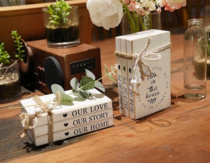 3 Pieces Wooden Decorative White Books, Rustic Farmhouse Faux Books for Coffee Table Shelves with Wood Bead Tassels and Leaves, 7'x 4.6'x 2.5' (Prayed)