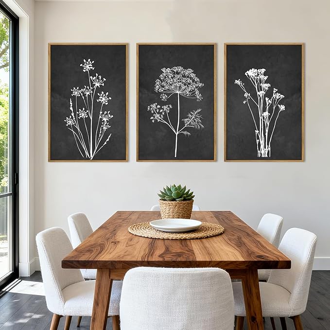 BINCUE Framed Botanical Wall Art Black Grey and White Plant Floral Art Prints Flowers Wall Decor Black Artwork White Floral Wall Pictures Botanical Paintings for Living Room Bedroom Office Farmhouse 3 Panel 16x24 Inches