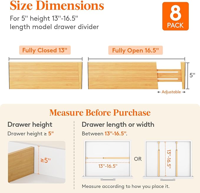 Lifewit 5" High 8 Pack Bamboo Drawer Dividers 33-42cm/13-16.5" Adjustable Wooden Drawer Organizer for Clothes/Utensils, Expandable Drawer Separator for Dresser/Kitchen/Bedroom/Office Organization