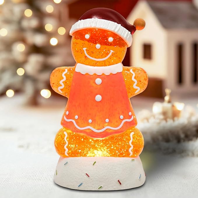 Gingerbread Christmas Snow Globe Lantern with 8 Music Songs & 6H Timer Water Snow Globe Lantern USB & Battery Operated for Christmas Festival Decorations Gifts (Pink Gingerbread)