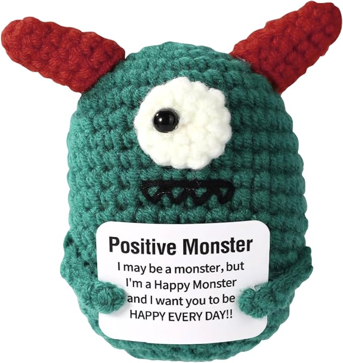 4 inch Positive One Eyed Monster Handmade Knitted Wool Doll with Positive Card Inspiring Gifts for Cheer Up Emotional Support Encouragement Friends