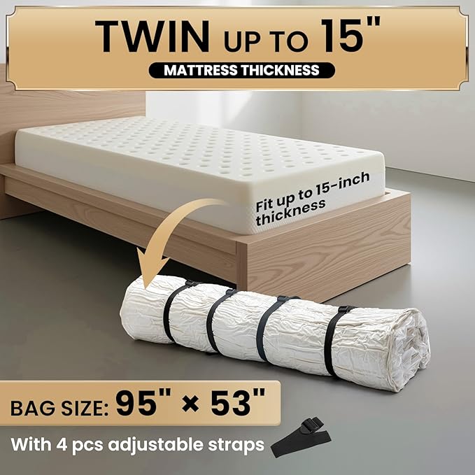 TAILI Mattress Vacuum Storage Bag, Twin/Twin-XL Foam Mattress Vacuum Bag with 4 Straps, Sealable Bag for Memory Foam, Latex, Easy Moving, Transport and Storage
