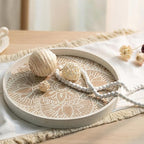 Hanobe Decorative Serving Tray Round: 2Pcs Farmhouse Coffee Table Decor with White Boho Bead Garland - Mandala Trays for Living Room Kitchen Display