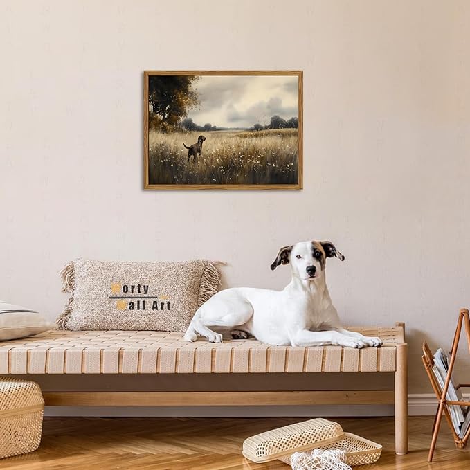 Framed Vintage Hunting Black Dog Wall Art, Rustic Country Landscape Pictures Wall Decor, Farmhouse Animal Paintings Canvas Prints for Home Living Room Bedroom 12x16 inch