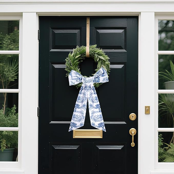 Blue French Toile Sash for Wreaths - 2 Pcs Rustic Wreath Sashes for Front Door Kitchen Cabinet, Wreath Sash for Monogram Embroidery Farmhouse Home Decor