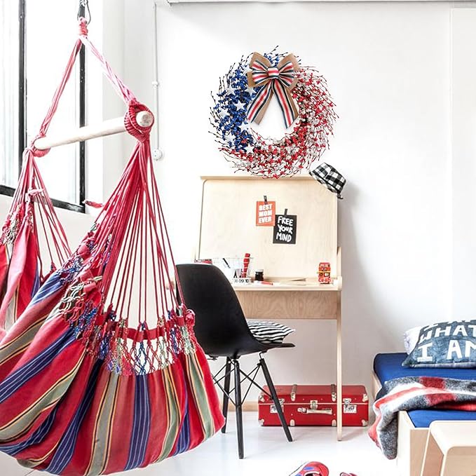 4th of July Wreath 22 inch, Patriotic Wreath for Front Door, Red White Blue American Independence Day Memorial Day Flag Day Indoor Outdoor Decor