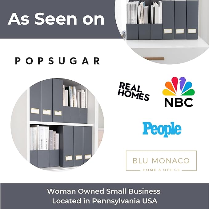 BLU MONACO | Set of 6 Foldable Grey Magazine File Holders with Gold Label Holders | Vertical File Organizer Boxes for Desk, Bookshelf & Home Office Storage
