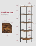 Tajsoon Corner Shelf Stand, 5 Tier Industrial Corner Shelves, Multipurpose Standing Display Shelf, Corner Shelving Unit for Bedroom, Living Room, Office, Kitchen, Rustic Brown