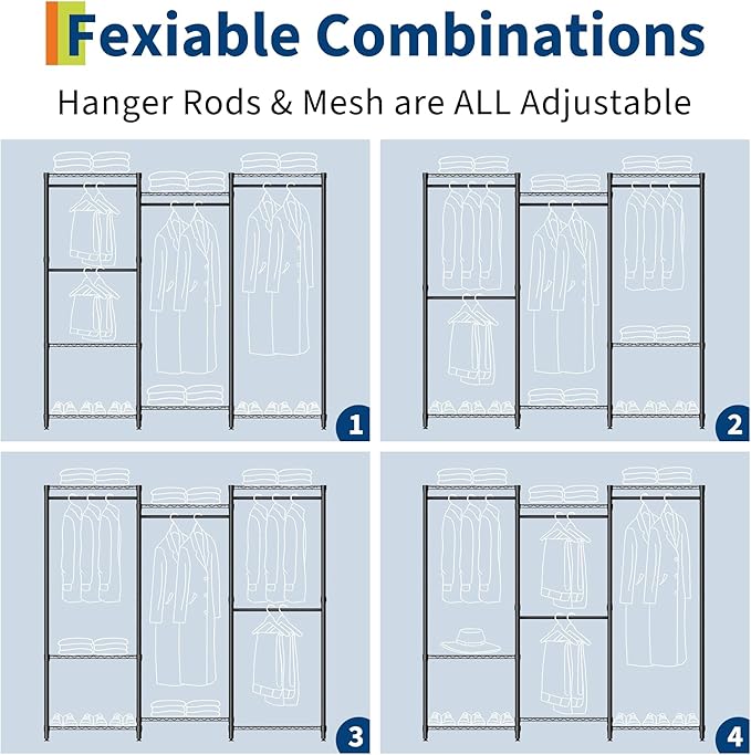 Heavy Duty Clothes Rack,Load 1631LBS Garment Rack Portable Closet,Free Standing Closet Organizers and storage with Adjustable Shelves, Hanging Rods, Dividable Black 76.5"H x 67.6"L x 15.5"W