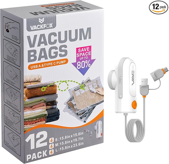 Vacuum Bags for Travel with USB and TYPE C Pump,vacuum seal travel bags,12 Pack Carry-on Size Compression Packing Bags for Luggage,Space Saver for Clothes and Clothing Travel（Grey）