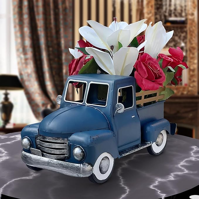 Farmhouse Blue Metal Truck Decor, Vintage Trucks Planter ,Decorative Rustic Pickup Farm Tabletop Storage Table Centerpiece for Office , Desk, Country Style Home & Kitchen Shelf Garden Decoration