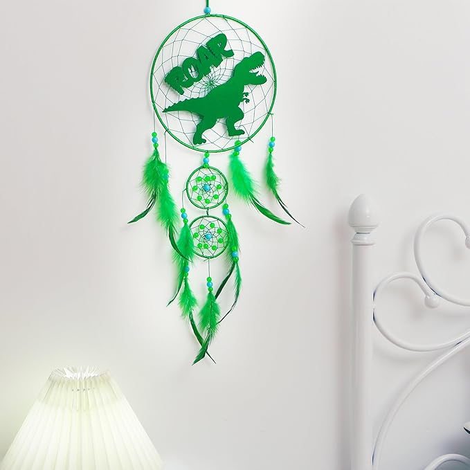 Dinosaur Dream Catcher Kit for Kids Dino Feather Dreamcatcher Dinosaur Wall Hanging Decor with Triple Ring DIY Feather Dream Catcher Gifts for Home Nursery Boys Girls Toddler Baby Room Bedroom Decor
