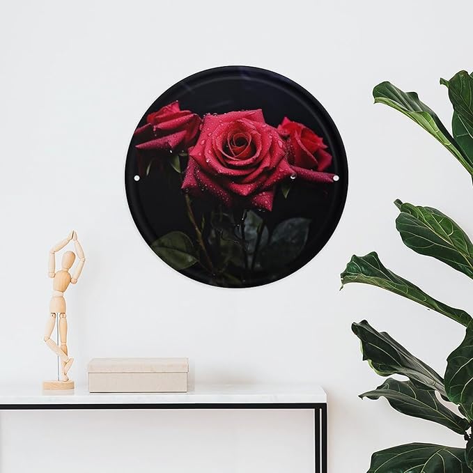 Wall Picture, with Red Rose and Black Leaves Printed Circular Iron Hanging Picture,Wall Art Decor,Home for Bedroom Living Room Bathroom Decor,Iron Painting 11.8X11.8 in