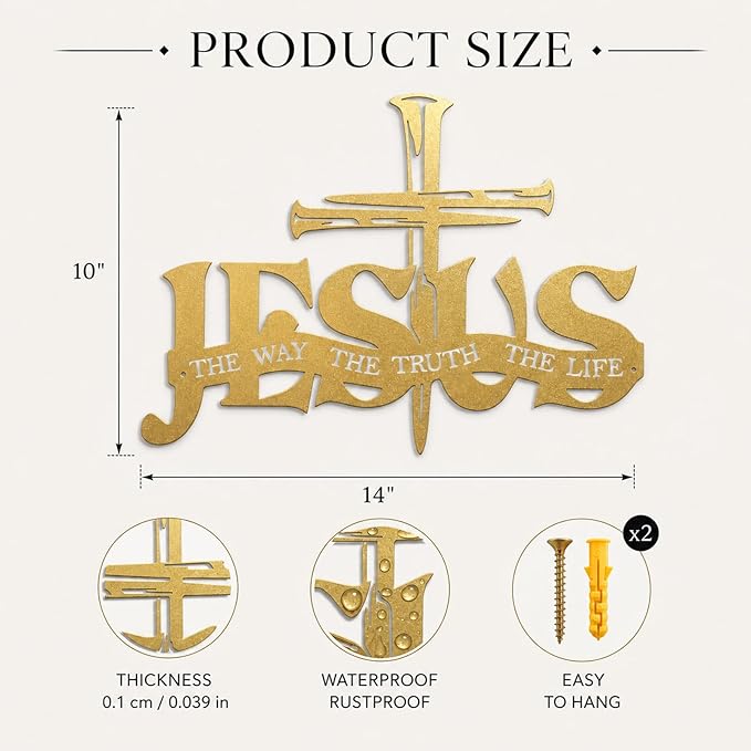Jesus Cross Metal Wall Decor Christian Wall Art for Home Religious Cross Decoration Living Room Bedroom Prayer Room The Way The Truth The Life Christ Inspired Christian Gift for Family Friends(Gold)