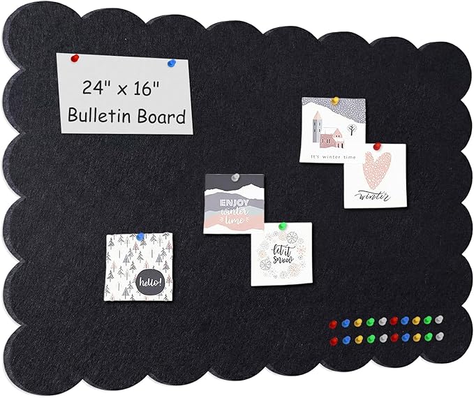 Foldable Decorative Scalloped Felt Bulletin Board 24 * 16 Inches for Wall, Alternative Photo Board Self-Adhesive Vision Board Decorative Pin Board for Wall (Black)