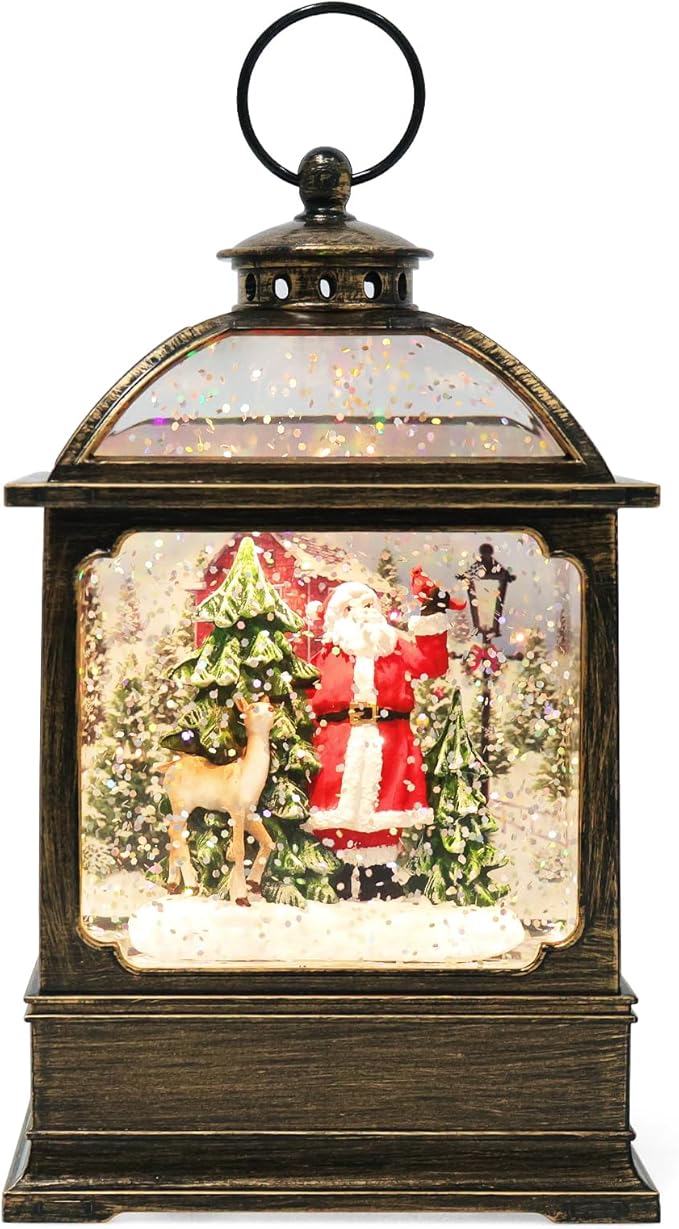 Christmas Snow Globe Lantern with Santa and Reindeer 8 Music Songs & 6H Timer Water Snow Globe Lantern USB & Battery Operated for Christmas Festival Decorations Gifts (Santa and Reindeer)