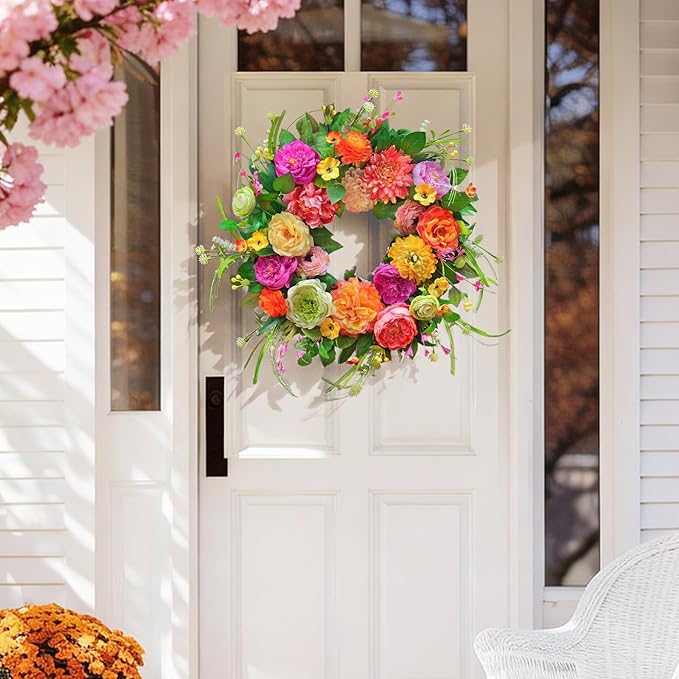 Spring Wreaths for Front Door 24 Inch,Summer Wreath with Rose,Peony,Dahlia,Spring Door Wreath for Holiday Farmhouse Indoor Outdoor Wall Home Decor