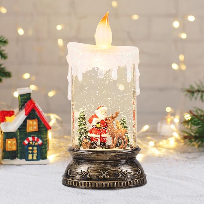 Christmas Snow Globe Candle with Timer & Music, Santa Flying with Reindeer Scene, Swirling Glittering Candle Shaped Snow Lantern, USB/Battery Operated Lighted Lantern for Christmas