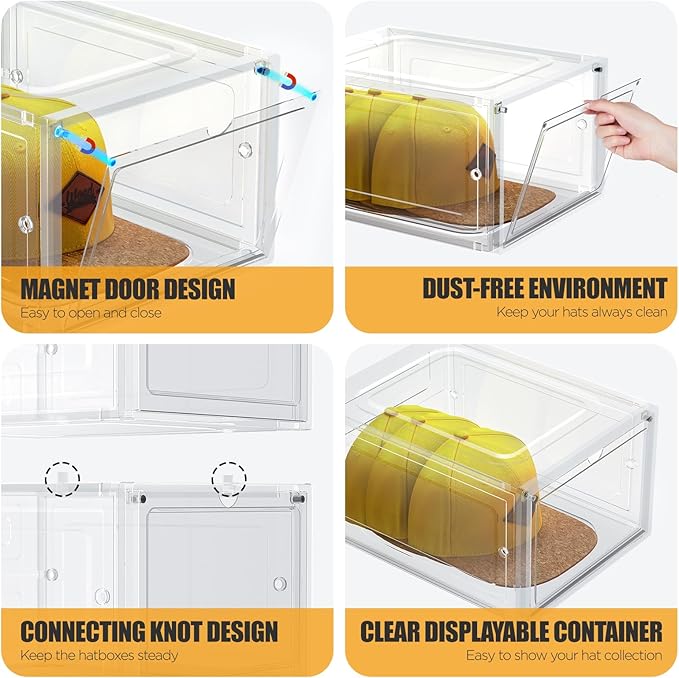 Hat Organizer Box, Stackable Clear Baseball Caps Holder Box Containers with Magnetic Door for Hats Snapback Cap Storag, Hat Rack Display Case, Holds 8 Hats Each (Clear, 6 Pack)