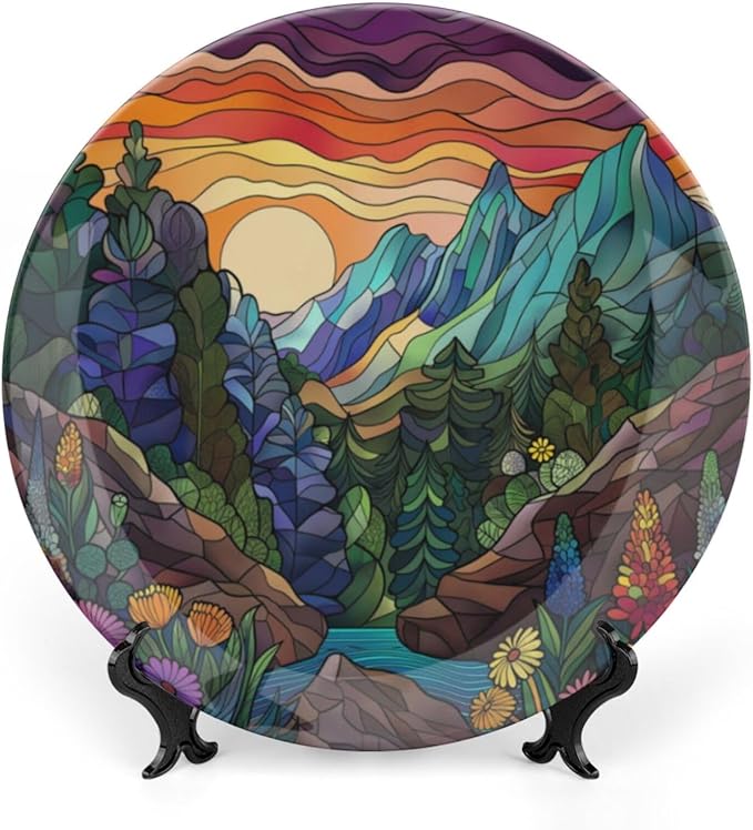 Stained Glass Theme Decorative Ceramic Plate Round Porcelain Plate,8 inch,Sunset Forest Stream Pattern,for Decorative Ornaments Giving Plates, 1 Plate with 1 Display Stand,Multicolor