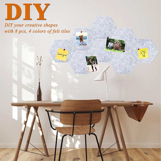 8Pcs Hexagon Felt Cork Board Tiles, Self Adhesive DIY Bulletin Board Pin Board for Office School Home Wall Decor Memos Photos Display (Light Grey)