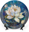 Stained Glass Theme Decorative Ceramic Plate Round Porcelain Plate,6 inch,Flowers in The Pond Pattern,for Decorative Ornaments Giving Plates, 1 Plate with 1 Display Stand,Blue White