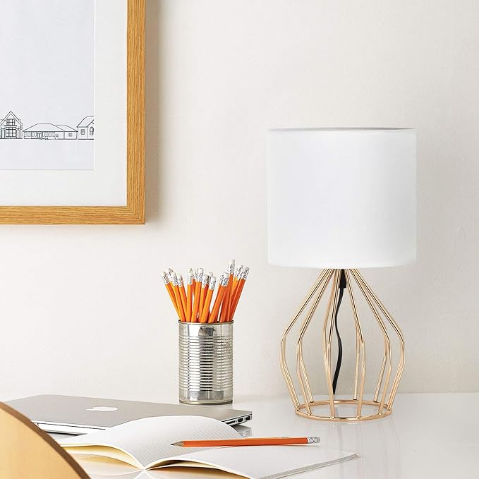HAITRAL Gold Table Lamp - Modern Style Desk Lamp with Hollowed Out Base Linen Fabric Shade, Small Golden Bedside Lamp for Bedrooms, Living Room