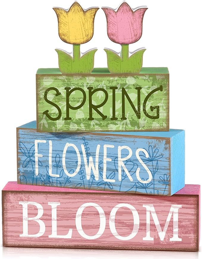 Moucuny 4 Pcs Spring Table Decor Wooden Tulip Spring Tiered Tray Decor Flowers Table Centerpiece Decorative Colorful Tulip Block Signs Gift Farmhouse Flowers Decoration for Home Kitchen Shelf