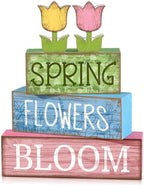 Moucuny 4 Pcs Spring Table Decor Wooden Tulip Spring Tiered Tray Decor Flowers Table Centerpiece Decorative Colorful Tulip Block Signs Gift Farmhouse Flowers Decoration for Home Kitchen Shelf