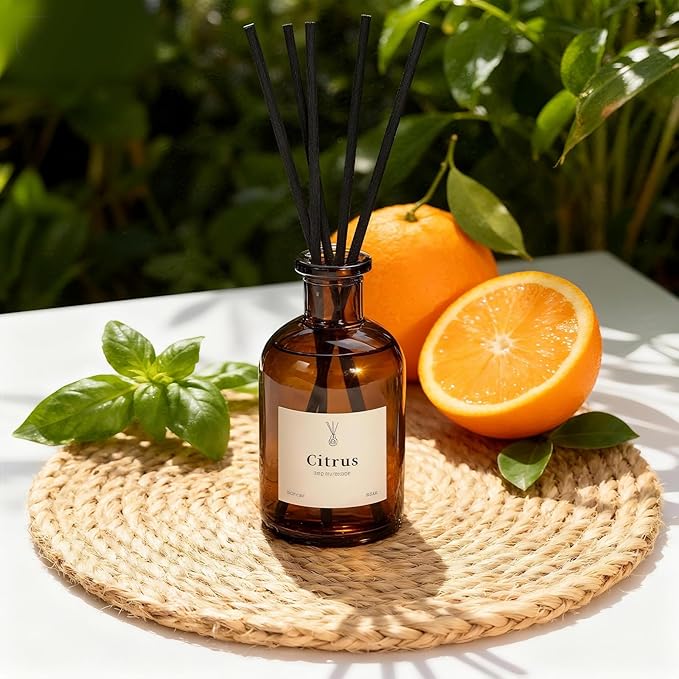 Reed Diffuser Set, 8.12 fl.oz Citrus Scent Oil Diffuser with Sticks, Long-Lasting Home Fragrance Reed Diffuser for Bathroom Shelf Decor, Air Freshener Room Diffuser