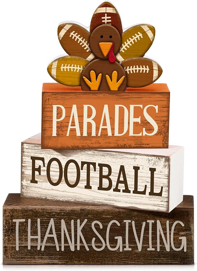 Lineshading 4 Pcs Fall Table Decorations for Home Thanksgiving Football Turkey Wooden Stacked Sign Decor Thanksgiving Tiered Tray Decor Rustic Wooden Football Turkey Block Sign for Harvest Party Shelf