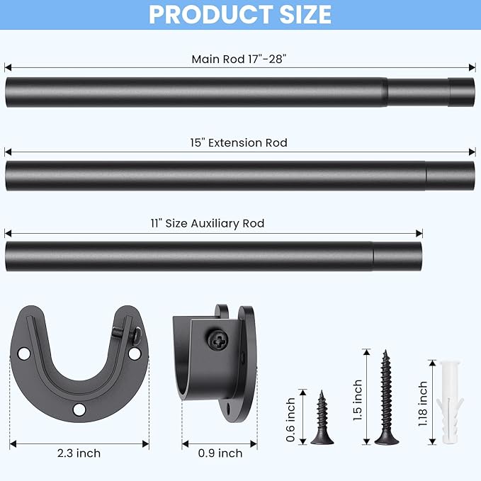 Closet Rods for Hanging Clothes, 17 to 39 Inch Stepless Adjustable Closet Rod, 1.3 Inch Diameter Metal Heavy Duty Closet Hanging Rod for Closet Wardrobes Laundry RV, Black