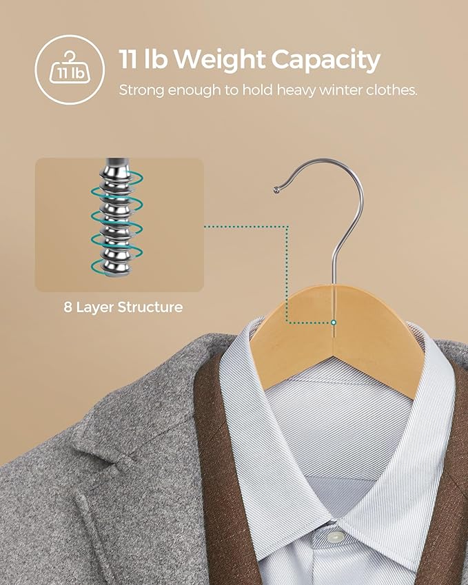 SONGMICS Solid Wood Hangers, 20-Pack Coat Hangers with Shoulder Notches, Pants Bar, 360° Swivel Hook, Non-Slip for Jackets, Shirts, Dresses, Natural UCRW001-20