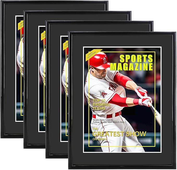 4 Packs Sports Magazine Frame Fits Measuring 8.5 x 11.25 Inch Magazine Display Frame with Black Core Matting and Installed Hangers for Wall Hanging