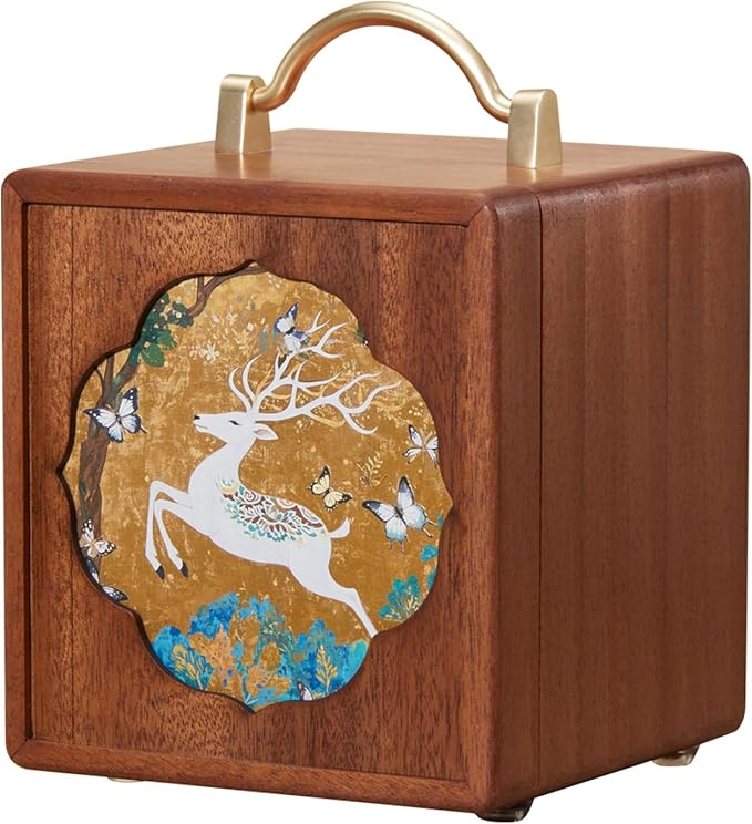 Wooden Jewelry Box for Women 4 Tier Walnut Wooden Jewelry Box with handle (White Deer Print B)