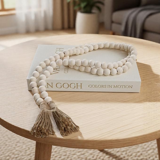 Farmhouse Beads 58in Wood Bead Garland with Tassels, Rustic Country Boho Wall Hanging Decor, Prayer Beads