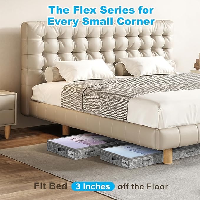 3 Inch Low Profile Under Bed Storage Drawer 4 Pack, Lightweight Underbed Clothes Storage Container Bins with NO STURCTURE, Shallow Storage Bag for Dorm & Home, With Clear Lids & Water-Resistant Fabric