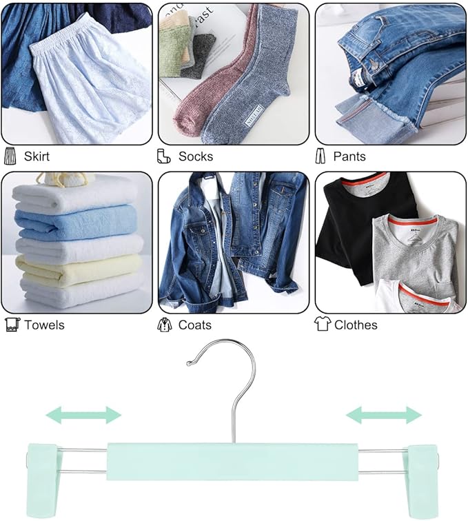 Clothes Pants Hangers, Space-Saving Skirt Holders with 360 ° Swivel Hooks, Adjustable Clips, Trouser Hangers, Clothes Coat Garment Jeans Hangers (10 Pack, Green)