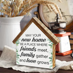 Housewarming Gifts, New House New Apartment Decor, Gifts for New Home Owner, Blessings House Shaped Wooden Block Sign Home Living Room Decor for Desk Table Shelf