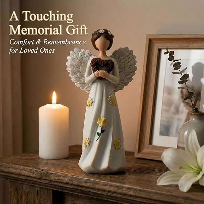 Hand-Painted Guardian Angel Figurine with Heart & Daisy Details – 5.8 Inch Resin Angel Statue for Home Decor – Sympathy, Memorial, & Friendship Gifts for Women, Mom, Grandma, Best Friend