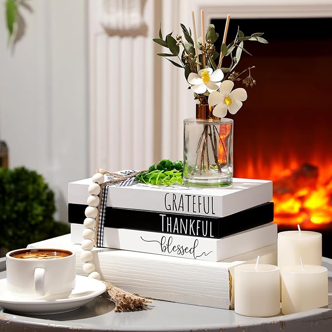 Capoda 3 Pcs Decorative Books for Home Decor Farmhouse Faux Stacked Books Wooden Rustic Table Decor with Bead Garland Twine Ribbon Faux Leaf for Table(Classic)