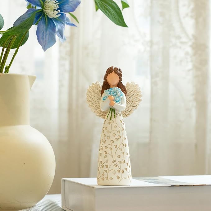 Decorative Angel Figurine with Forget-Me-Not Bouquet, White Dress with Leaf Pattern, Tree of Life Design - Collectible Sculpture for Mom Gifts, Forget Me Not Gifts for Women(Blue Flower)