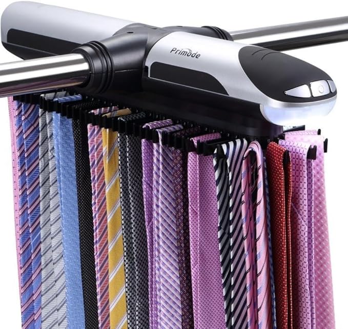 Primode Motorized Tie Rack Closet Organizer with LED Lights Includes J Hooks for Wired Shelving Stores Up to 72 Ties & 8 Belts Operates with Batteries
