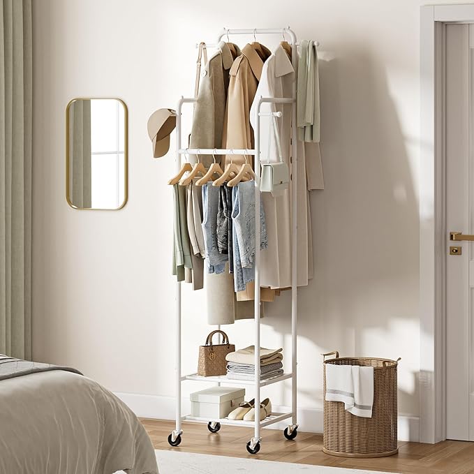 Chrislley Clothes Rack with Wheels, 71" Portable Clothing Rack with 2 Shelves and 4 Hooks, Small Rolling Garment Rack, 4 Hanging Rods Metal Coat Rack for Bedroom, Apartment, Entryway, White