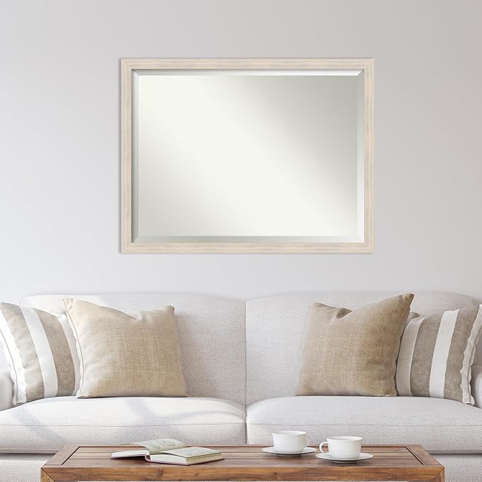 Amanti Art White Wall Mirror 33x43 Hardwood White Wash Narrow Rectangle Bathroom Mirror for Wall Decor Living Room, X-Large Country Rustic Wood Frame, Hangs Horizonally and Vertically, Bathroom Decor,